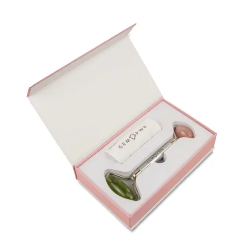 Miniatura 7 de Rodillo de cuarzo rosa + jade para masaje facial y cuello, piedras preciosas dobles con mango de acero duradero y bolsa de viaje. Minimiza las Jade