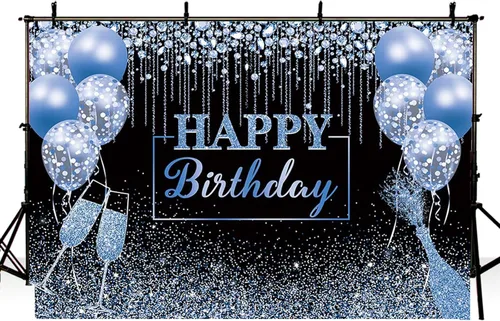 Miniatura 3 de MEHOFOND Telón de fondo de feliz cumpleaños, globo de diamante con purpurina negra y azul, fondo de fotografía, color negro y azul brillante