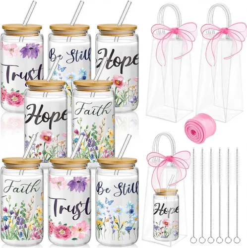 Miniatura 17 de Mumufy 6 Juegos de Tazas de Vidrio Florales Bohemias con Bolsa de Regalo Transparente de 16 onzas, Tazas de Café Helado Reutilizables con Flores