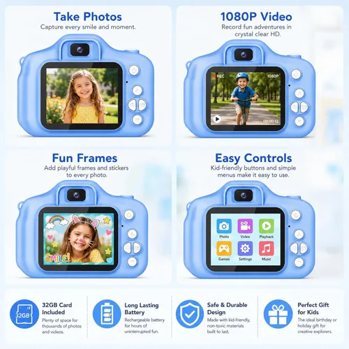 Miniatura 8 de Cámara de juguete para niños, regalos de Navidad, cumpleaños, festival para niños de 3 a 10 años, cámara de video digital HD para niños pequeños