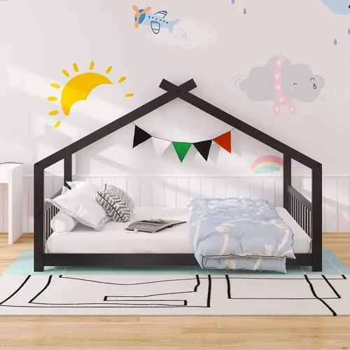 Miniatura 3 de P PURLOVE Cama de casa de tamaño matrimonial para niños, adolescentes, cama de piso para niños pequeños con techo y listones, cama de plataforma