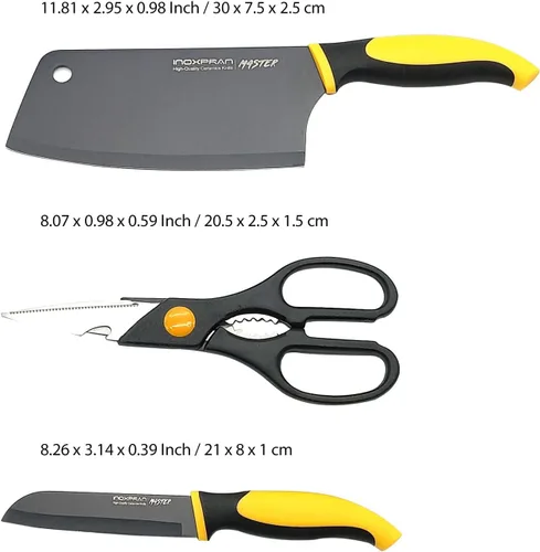 Miniatura 3 de GARASANI Juego de 3 cuchillos de chef, acero inoxidable, revestimiento de cerámica negra, 1 cuchillo de cocina chino, 1 cuchillo de fruta, 1 tijeras
