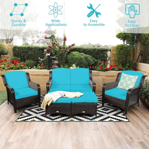 Miniatura 6 de COSTWAY Juego de muebles de mimbre de mimbre para patio, sofá biplaza con otomanas y sillas acolchadas, juegos de conversación para jardín al aire