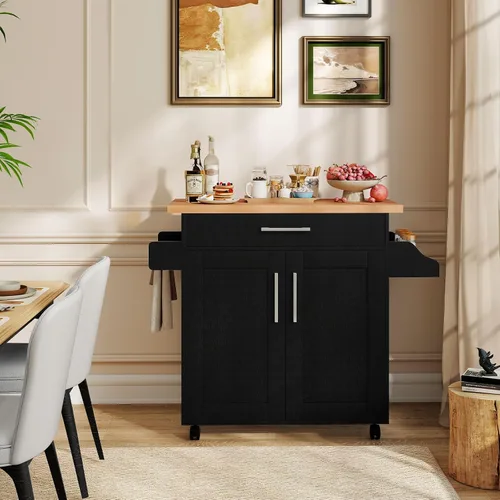 Miniatura 3 de Giantex Isla de cocina, carrito de cocina rodante con estante para especias y toallero, cajón grande y armario de almacenamiento de 2 puertas