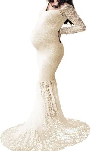 Vestido de maternidad de encaje de manga larga con cuello en V y hombros descubiertos para mujer, vestido de fotografía para baby shower, sesión de