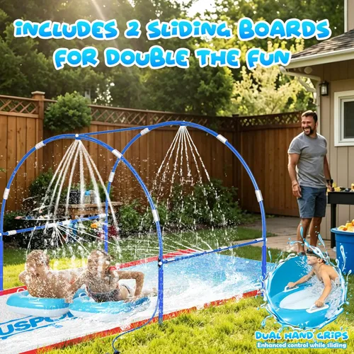 Miniatura 7 de Tobogán acuático de césped de 23 pies con marco de metal doble y sistema de riego independiente, tobogán de agua para patio trasero de niños