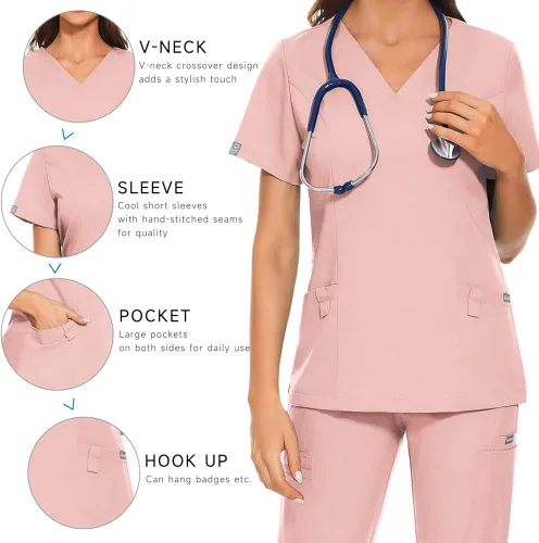 Miniatura 5 de niaahinn Conjunto de uniforme médico para mujer camiseta clásica con cuello en V y bolsillo y pantalones deportivos
