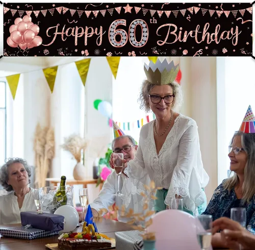 Miniatura 4 de Cartel de feliz cumpleaños 60 para mujer, suministros de fiesta de cumpleaños de 60 años de oro rosa, decoración de fondo para interiores