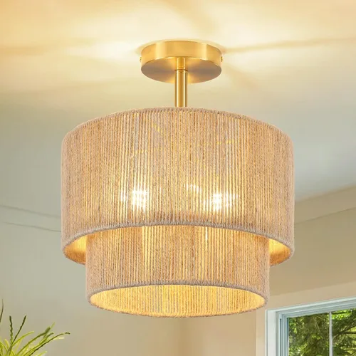 Miniatura 12 de 12.6" Boho Light Fixtures Ceiling Mount, Coastal Hemp Rope Semi Flush Mount Ceiling Light,3-Light Rustic Rattan Ceiling Light With 2-Tier Drum Shade