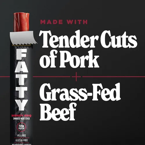 Miniatura 7 de FATTY Palitos de carne, hechos con carne de res alimentada con pasto, cerdo criado sin antibióticos, 11g de proteína por palito, Honey BBQ, Relleno