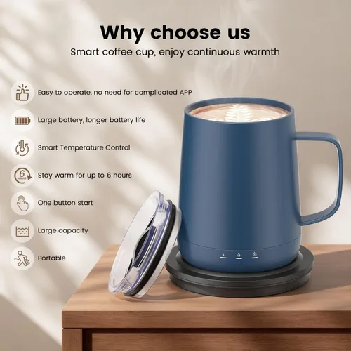 Miniatura 4 de Taza de café inteligente con autocalentamiento, taza de café de control de temperatura de 14 oz, se calienta hasta 150°F, taza de café con Azul