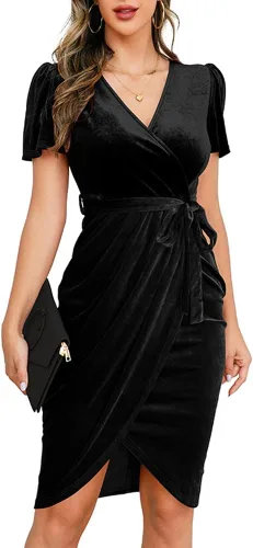 IHOT Vestido sexy de terciopelo cruzado con cuello en V para mujer, manga corta, fruncido, vestido de fiesta de cóctel