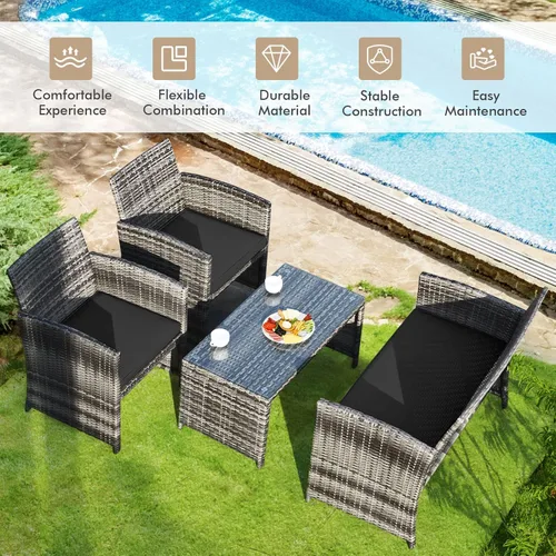 Miniatura 2 de Goplus Juego de muebles de ratán de 4 piezas, sofá de conversación de mimbre para exteriores con cojines resistentes a la intemperie y mesa de Negro