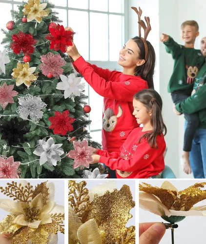 Miniatura 6 de RECUTMS 60 PCS Flores Artificiales de Nochebuena para Decoración del Árbol de Navidad Juego con Clip, 18 Flores de Nochebuena con 12 Tallos de Bayas