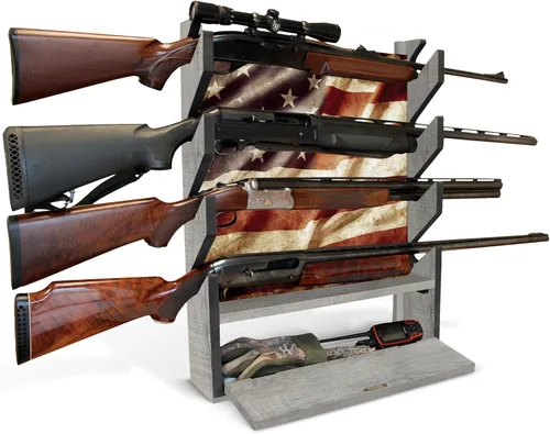 Rush Creek Creations - Soporte de armas, soporte de pared para rifles o escopetas, diseño patriótico de la bandera estadounidense, almacenamiento