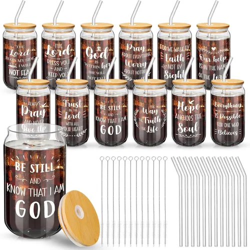 12 tazas de vidrio cristiano de 16 onzas con tapas y pajitas de bambú, tazas inspiradoras con versículos de la Biblia para hombres, tazas de té de