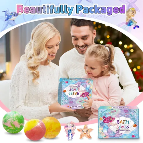 Miniatura 7 de Bombas de baño para niños con sorpresa en el interior, 12 bombas de baño para niños con juguetes de sirena, juego de regalo para niñas, manteca