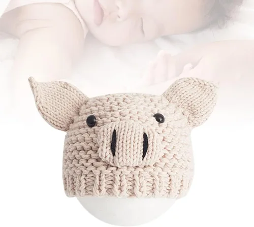 Miniatura 9 de Sombrero de punto para recién nacido, accesorios para fotografía de bebé, accesorios para fotos de cerdo de dibujos animados, color beige