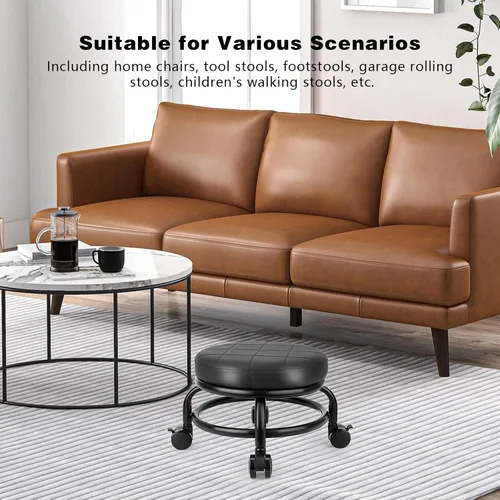 Miniatura 7 de Taburete bajo con ruedas de baja altura, asiento de cuero sintético, silla pequeña, taburetes rodantes redondos para oficina en casa, garaje, tienda