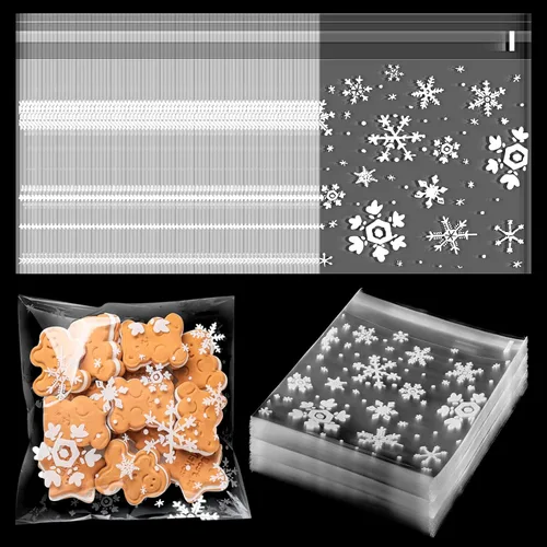 Yinder 500 bolsas de invierno para galletas de invierno, bolsa de celofán con copos de nieve, bolsa de dulces autoadhesiva para suministros de Blanco