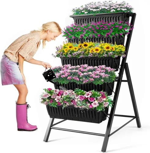 Homdox Cama de jardín vertical de 3.74 pies, maceta elevada vertical de 5 niveles, 23 x 26 x 45 pulgadas, cama elevada para jardín al aire libre con