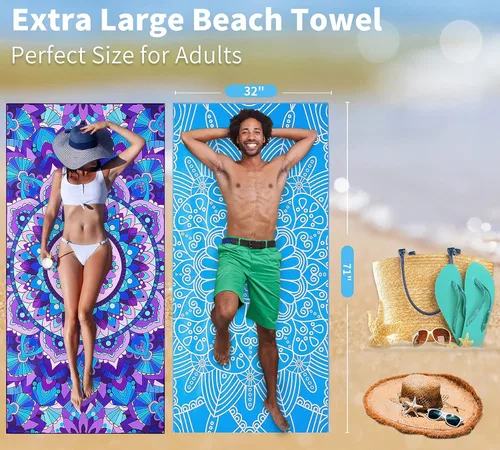 Miniatura 57 de Paquete de 2 toallas de playa ligeras y delgadas de gran tamaño de 71 x 32 pulgadas, toallas grandes de microfibra extra grandes sin arena