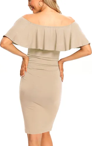 Miniatura 6 de Vestido de maternidad ajustado con volantes y hombros descubiertos, vestido de embarazo formal para baby showerfotografía