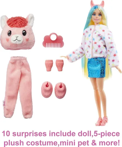 Miniatura 4 de Barbie Muñeco Cutie Reveal, disfraz de felpa de llama de la serie de fantasía, 10 sorpresas, incluyendo mini mascota y cambio