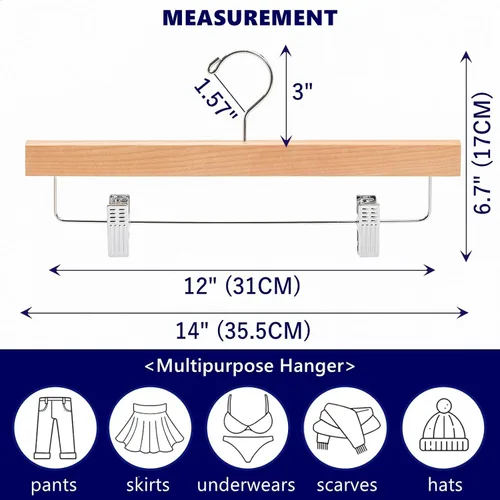 Miniatura 2 de Amber Home Paquete de 10 perchas de madera natural para pantalones con clips, perchas de madera para faldas de pantalones para jeans, pantalones
