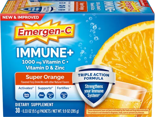 Emergen-C Immune+ Apoyo Inmunológico de Triple Acción en Polvo, BetaVia (R), 1000 mg de Vitamina C, Vitaminas B, Vitamina D y Antioxidantes, Súper