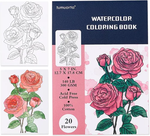 Miniatura 9 de tumuarta Libro para colorear de acuarela, 20 diseños únicos, 5 x 7 pulgadas, 100% algodón, 300 GSM, 140 libras, prensa en frío, papel de acuarela