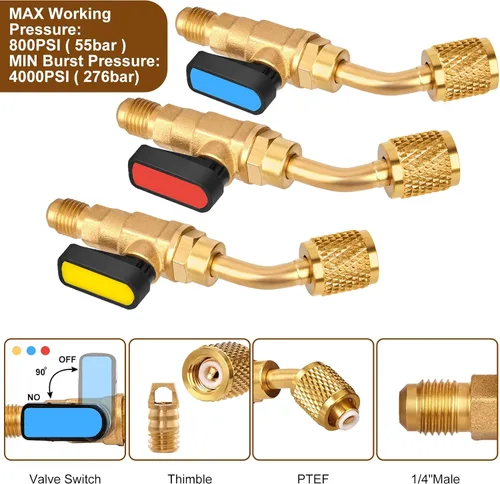 Miniatura 6 de WADEO 31 piezas de válvula de bola angular para refrigerante de aire acondicionado de 1/4 pulgada para refrigerante R410A R134A R12 R22