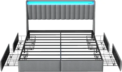Miniatura 9 de SADENICEL Base de cama de tamaño completo con cabecera de almacenamiento y 4 cajones, plataforma de base de cama de metal completo con luz LED