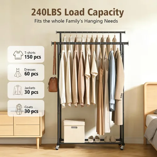 Miniatura 4 de Perchero de ropa con ruedas para colgar ropa, perchero resistente para ropa portátil, estante de metal para dormitorio, lavandería, sala de estar