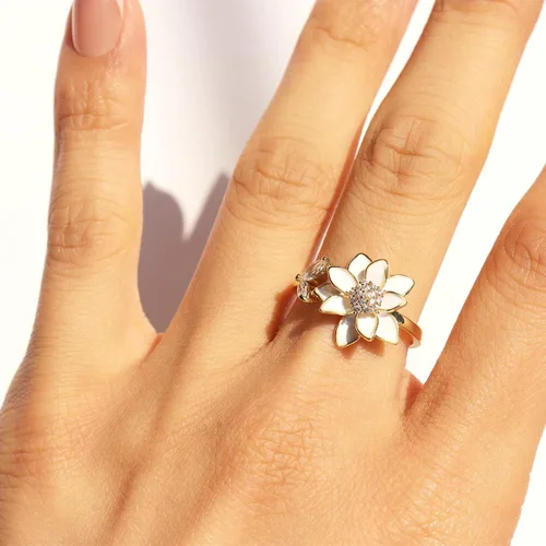 Miniatura 2 de Sonateomber Anillo de oro abierto ajustable con flores de primavera para mujer, moderno y elegante, con circonita cúbica única esmaltada frontal