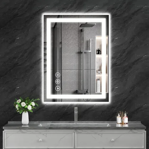 Miniatura 17 de Koonmi Espejo LED de 28 x 20 pulgadas para baño, espejo de tocador antivaho 90CRI con luz delantera y trasera, espejo de pared a prueba de roturas