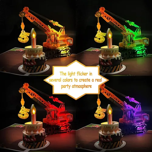 Miniatura 2 de Tarjeta de cumpleaños emergente 3D de 5 años con luz y música, tarjeta de grúa y camión para niño, sobrino, nieto, hijo, niño pequeño, con sobre, 5º