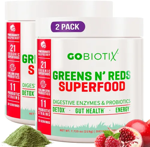 GoBiotix Polvo súper verdes y polvo súper rojos: Superalimento vegano rojo y verde sin OMG + probióticos, enzimas, alimentos integrales orgánicos,