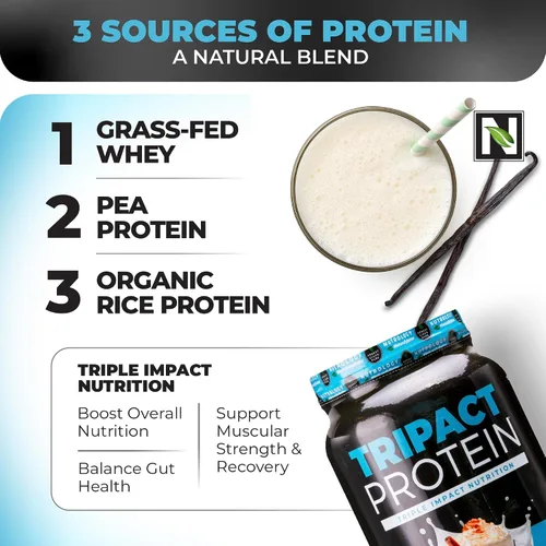 Miniatura 5 de Nutrology TRIPACT Proteína en polvo – Batido de reemplazo de comidas 7 en 1 con proteína de suero en polvo alimentado con hierba, guisante, arroz