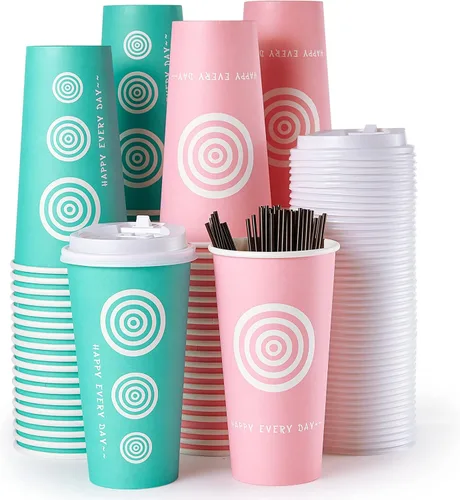 Miniatura 8 de JollyPack Paquete de 100 tazas de papel para café de 12 onzas con tapas y agitadores en rosa y verde. Ideal para café, jugo, té, uso doméstico