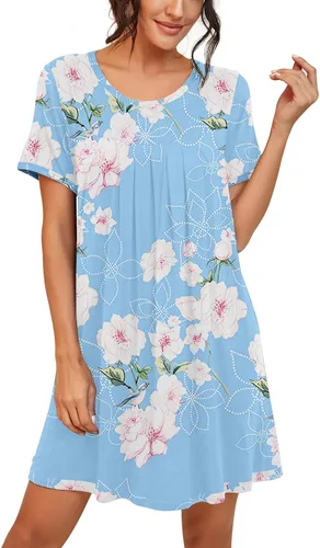 Miniatura 4 de PrinStory - Camisón de manga corta para mujer con plisado y cuello redondo