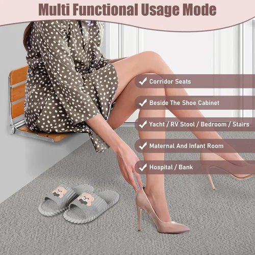 Miniatura 7 de Asiento de ducha plegable de teca, montado en la pared, banco plegable para espacios pequeños, carga máxima de 380 libras