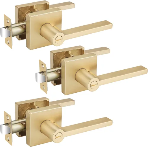 Miniatura 16 de EHOMEWARE Juego de manijas de puerta delantera doradas, palanca de puerta cuadrada resistente de latón y cerrojo de un solo cilindro reversible