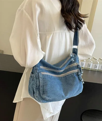 Miniatura 2 de Bolso de hombro grande retro para mujer de lona de denim, bolso cruzado de denim, bolso ligero informal, bolso de mano con asa superior