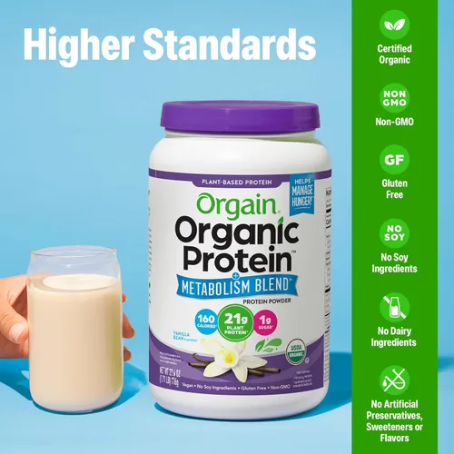 Miniatura 5 de Orgain Mezcla de proteína orgánica + metabolismo en polvo, grano de vainilla, 0.74 oz de proteína vegetal, 0.18 oz de fibra prebiótica, sin