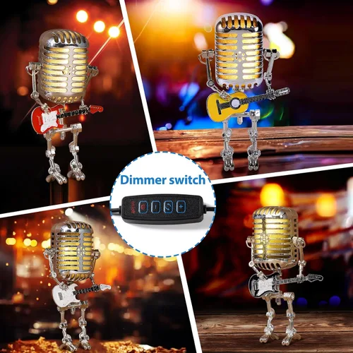 Miniatura 4 de Lámpara de Robot de Guitarra con Micrófono Vintage, Regalos de Música para Hombres, Regalos Geniales para Amantes de la Música, Luz Vintage Blanco