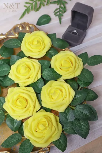 Miniatura 6 de N&T NIETING 25 unidades de flores artificiales, Rosas de espuma artificial de sensación real al tacto, decoración para boda, dama de honor, ramo