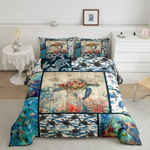 Miniatura 7 de Juego de edredón de ballena individual, juegos de ropa de cama retro con temática náutica para decoración de dormitorio, edredón de plumón de vida