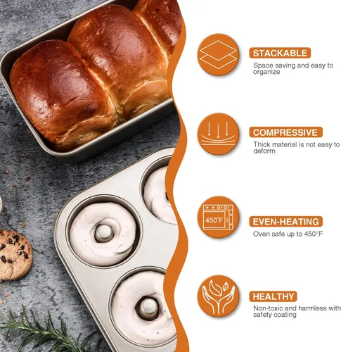 Miniatura 5 de HONGBAKE Moldes antiadherentes para hornear, paquete de 2 bandejas de donas profundas mejoradas de 6 cavidades, molde de bagel resistente para Dorado