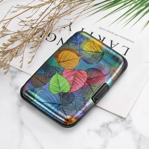 Miniatura 188 de ELFISH Mini cartera de aluminio RFID para tarjetas de crédito, funda de identificación de metal para hombres y mujeres, Happy Flower, Cartera Rfid